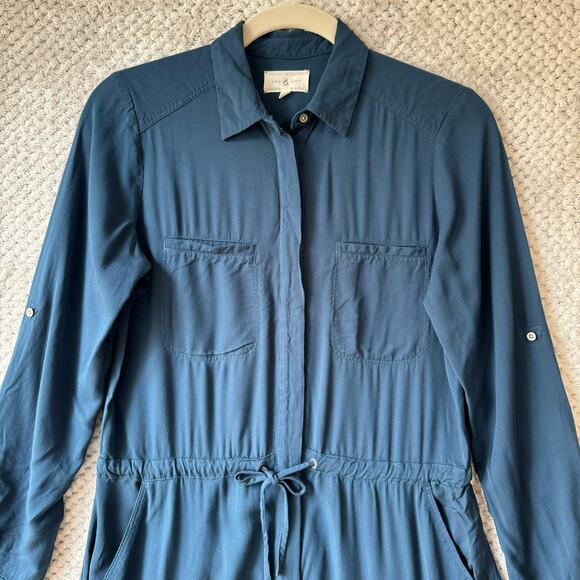 LOFT Lou & Grey Dress XS Blue Shirt Button Front Pockets Tie Waist Roll Sleeves - Picture 3 of 15